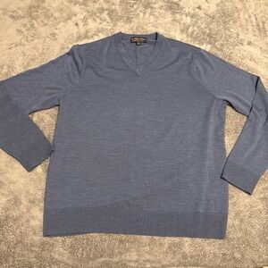 Brooks Brothers Mens V Neck Sweater Merino Wool Blue Size L Long Sleeve